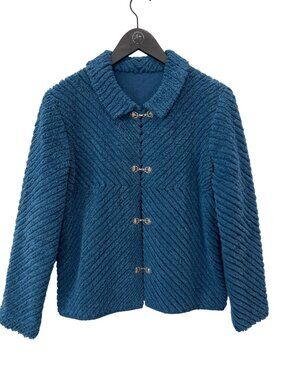Vintage Jacket Textured Knit Long Sleeve Collared Silver Clasp Teal Cozy Knit